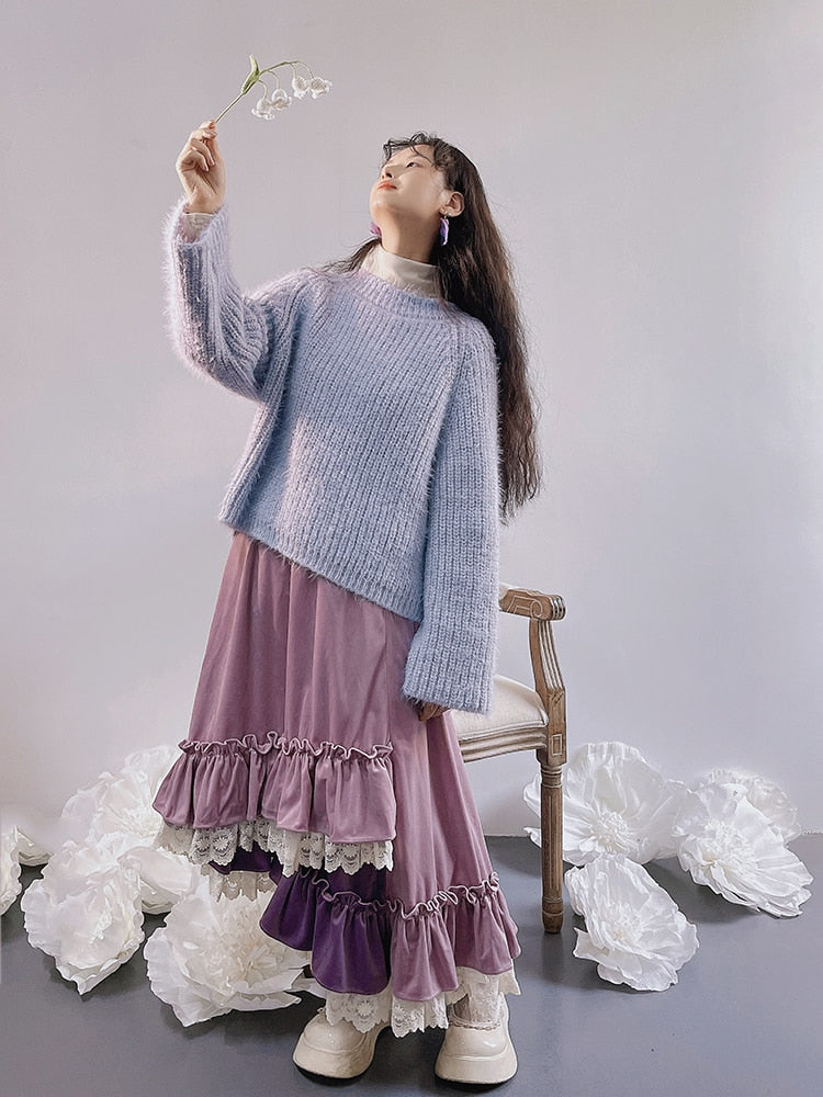 Violet Velvet Layered Ruffle Cottagecore Skirt