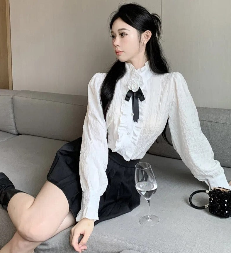 Eliska Academia Aesthetic Camellia Brooch Shirt