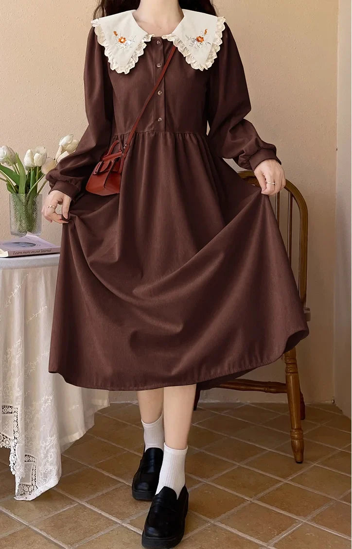 Forest Flower Corduroy Cottagecore Dress with Embroidery