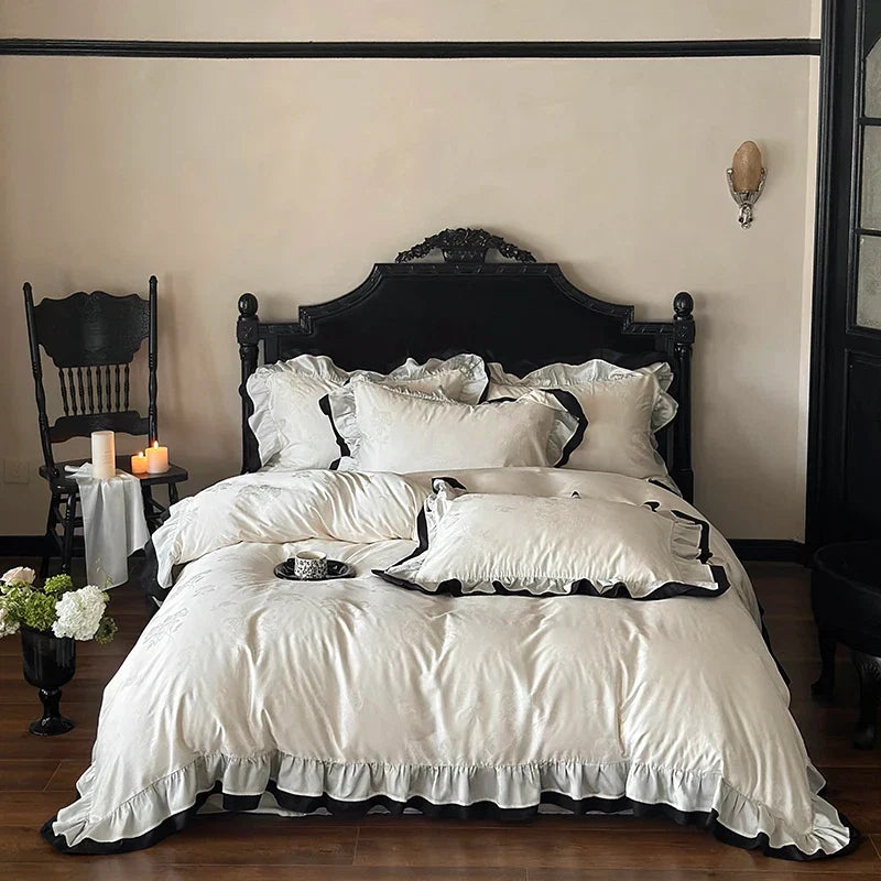 Vintage Jacquard Egyptian Cotton Luxury Lace Ruffles Princess Wedding Bedding Set