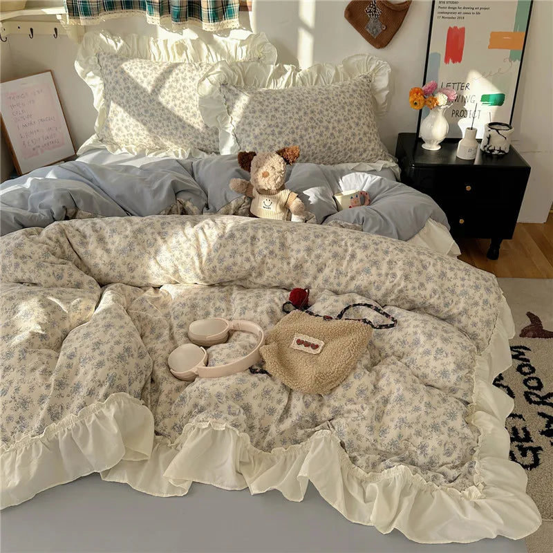3/4Pcs Korean Princess Style Floral Ruffles Bedding Set