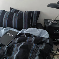 Blue Black Strip Duvet Cover Set with Zipper No Filler Nordic Bed Flat Sheet Pillowcases Single Double Size Girl Boy Bedding Set