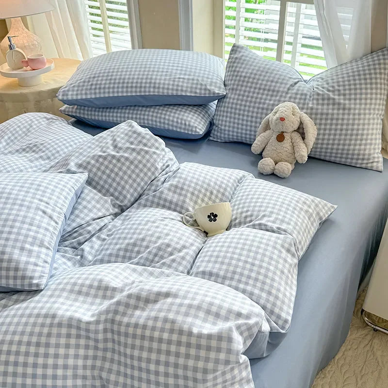 Blue Ins Nordic Duvet Cover Set No Filler Pink Green Pillowcase Flat Sheet Single Queen Size Fashion Bedding Set
