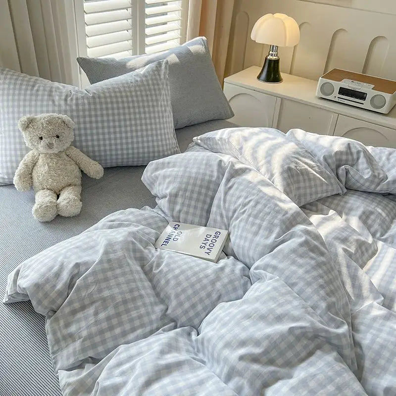 Ins Duvet Cover Set Green Strip Twin Queen Size Girls Boys Flat Sheet Pillowcase No Filler Fashion Home Hotel Bedding Set