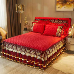 European Style Winter Lace Embroidery Bed Skirt Set High Quality Thickened Bed Cover Bedding Set