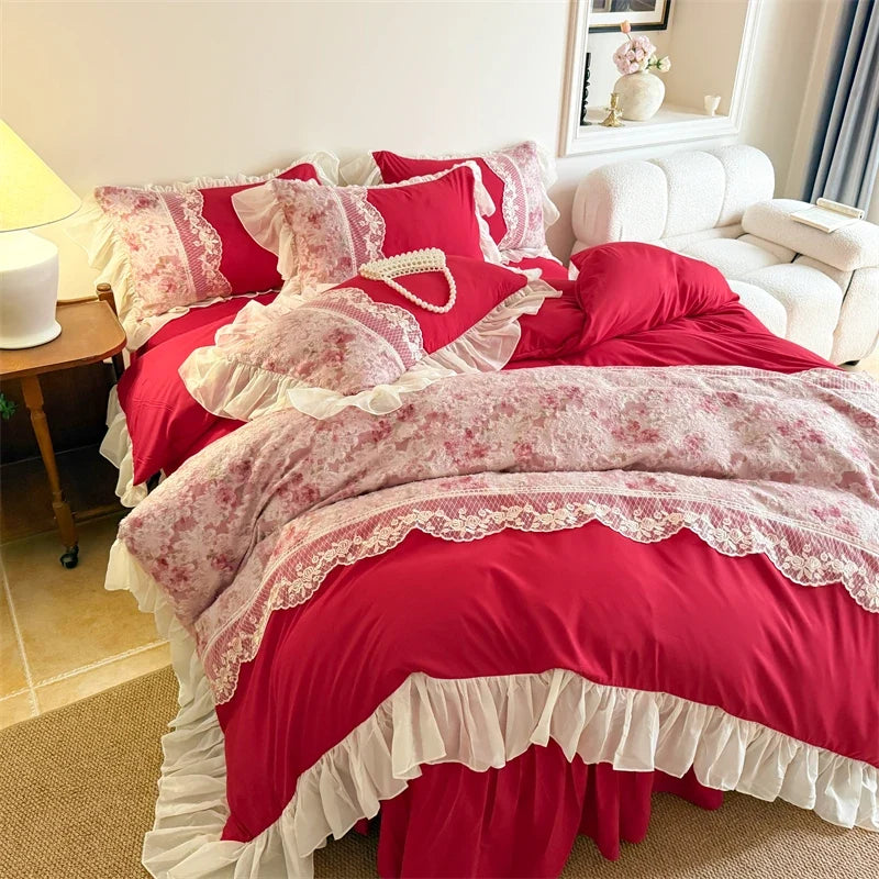 3/4Pcs French Romantic Lace Printed Ruffle Bedskirt Queen Size Quilt Cover Princess Style Boiled Cotton Double Bedding Set