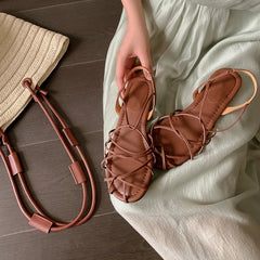 leather cowhide elastic band round toe low Heel