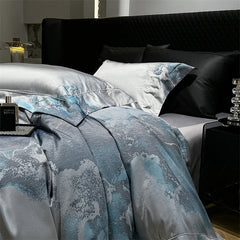 1000TC Egyptian Cotton Blue Grey Abstract Marble Brocade Jacquard Luxury Bedding Set