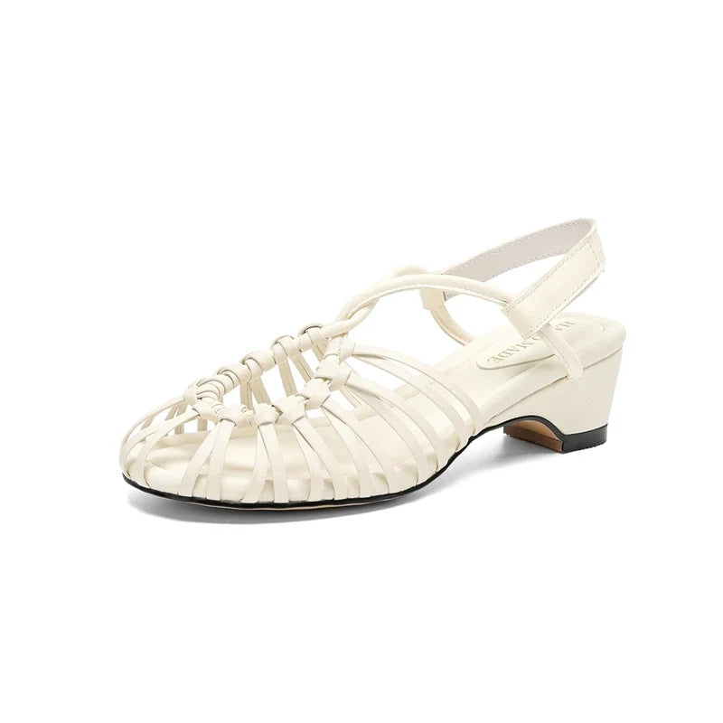 leather cowhide midsole hollow breathable elastic Velcro toe woven round toe Roman Shoes