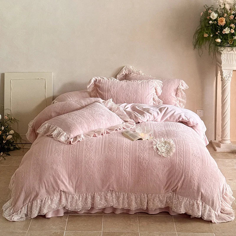4Pcs French Princess Style Carved Velvet Warm Winter Thickened Bedding Set