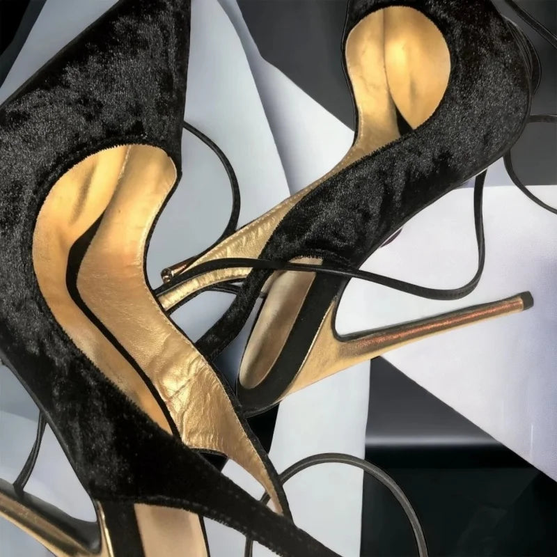 Black velvet Ankle strap Sandals