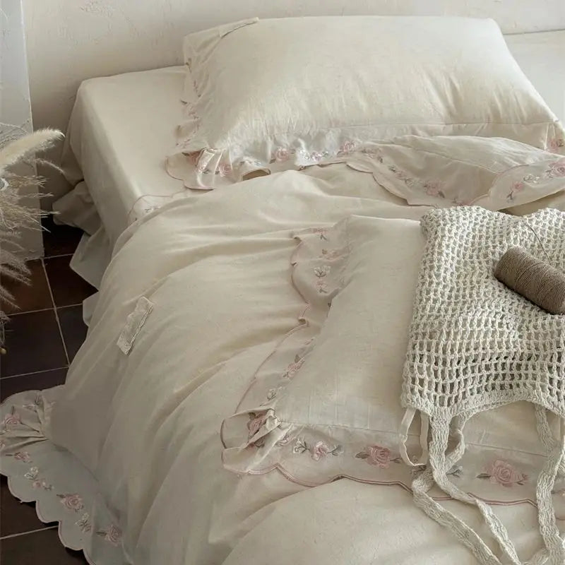 Vintage French Lace Flowers Embroidery Natural Cotton Linen Princess Bedding Set