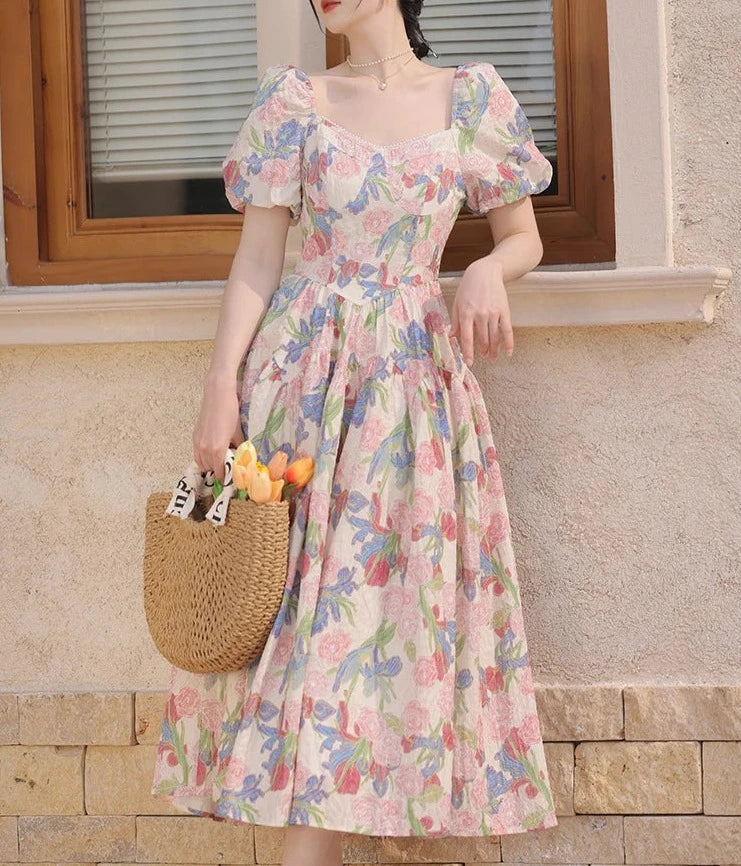 Dalila Floral Pearl Decorated Vintage-Inspired Dress
