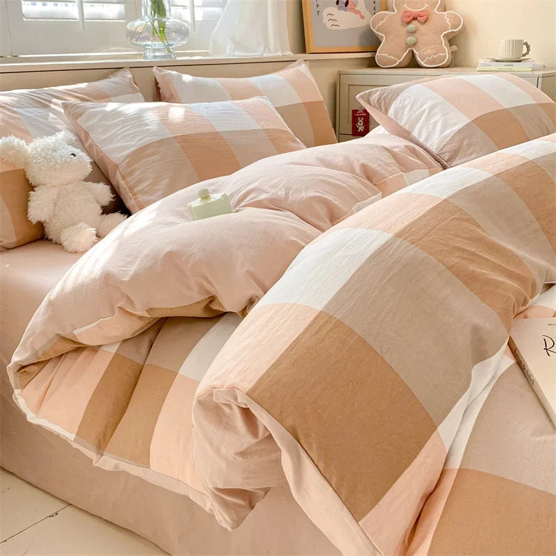 3/4 Pcs Blue Checkered Bedding Set
