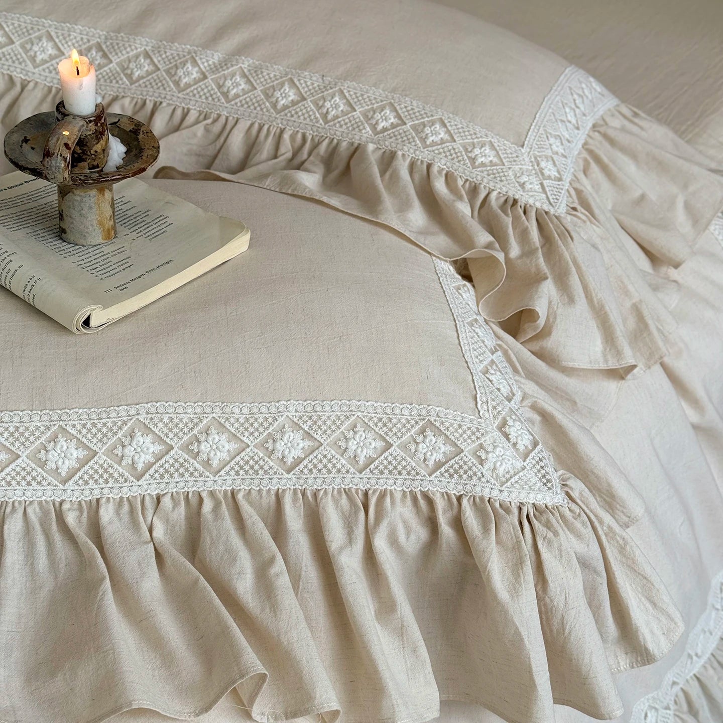 30% Linen And 70% Cotton Lace Ruffles Vintage French Bedding Set