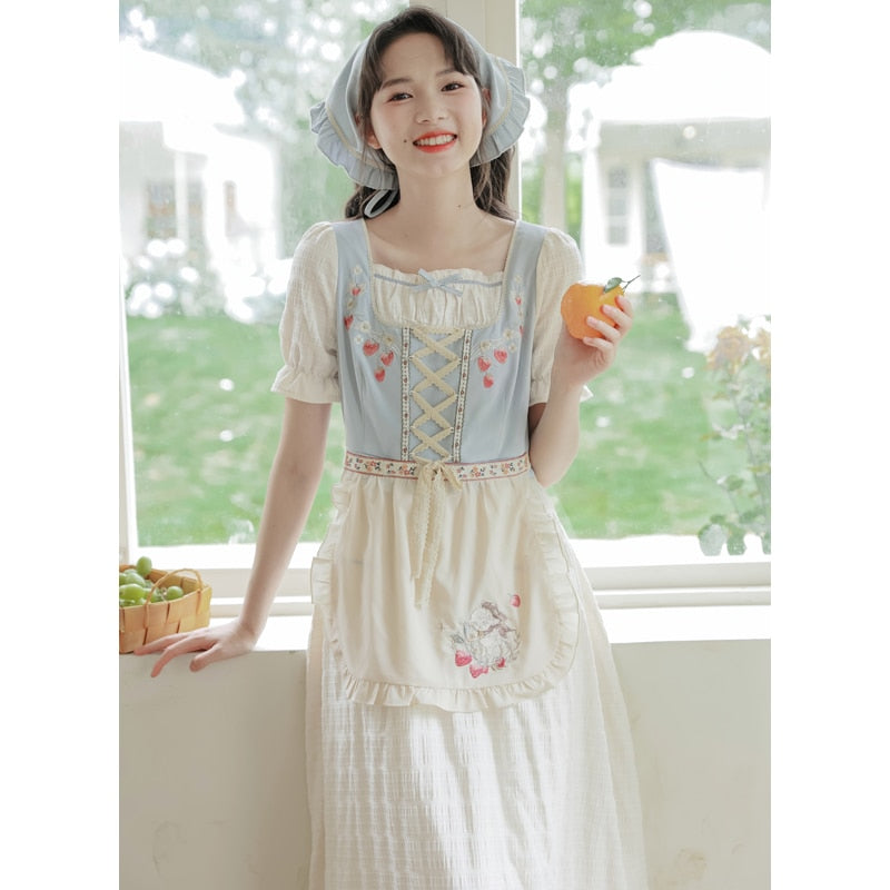 Strawberry Garden 3-Piece Set Cottagecore Dress with Head Scarf