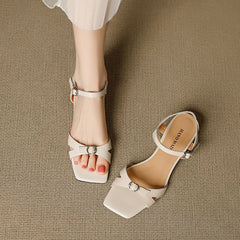 cowhide retro pine buckle middle Heel