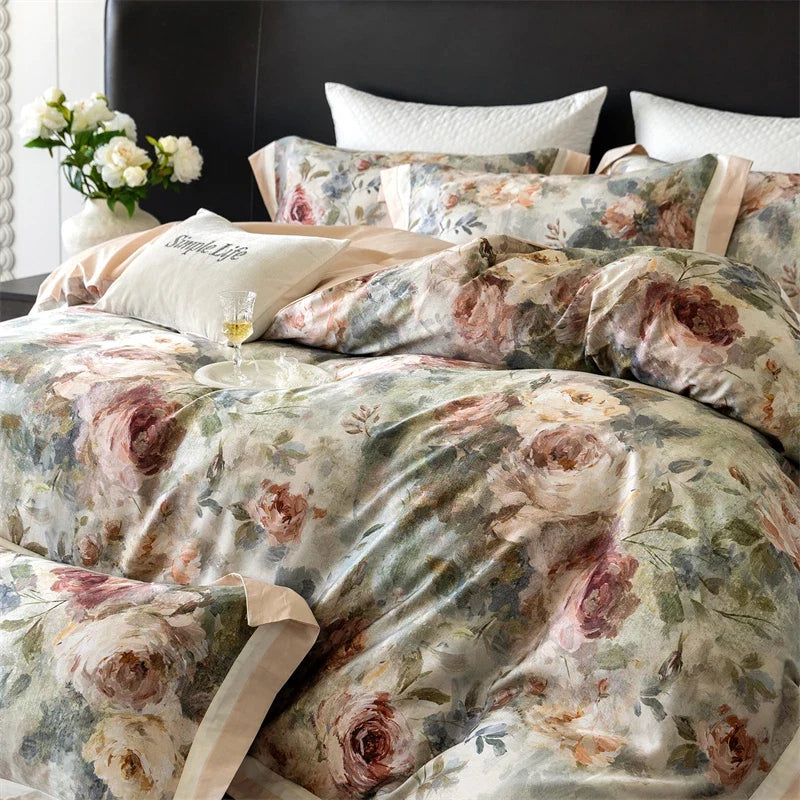 Premium 1000TC Egyptian Cotton Flowers Prints Oil Painting Style Bedding Set