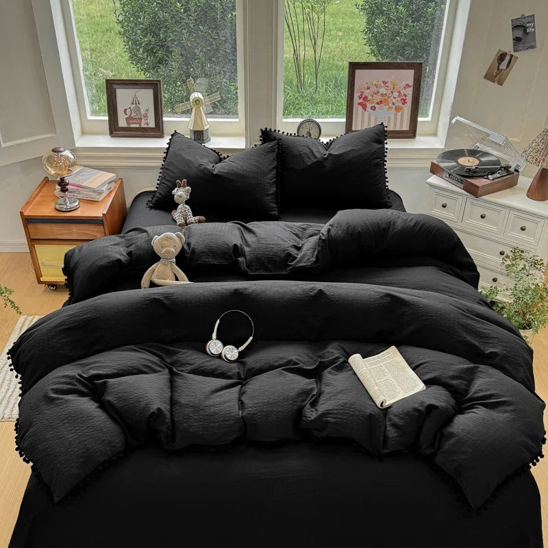 3/4Pcs Solid Color Round Ruffle Bedding Set