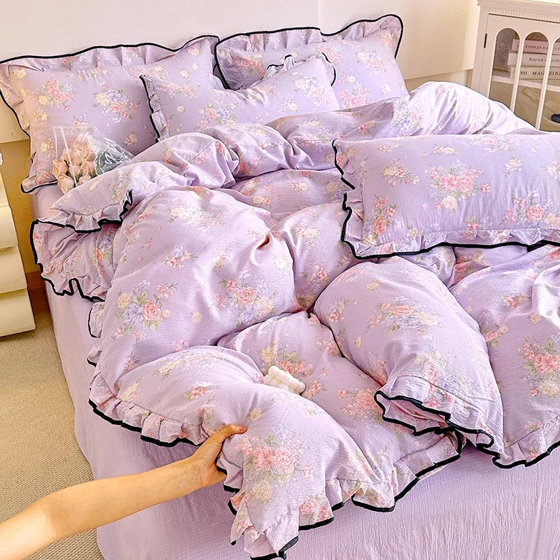 Heart Print Duvet Cover Set Princess Style Lace Ruffles Bedding Set