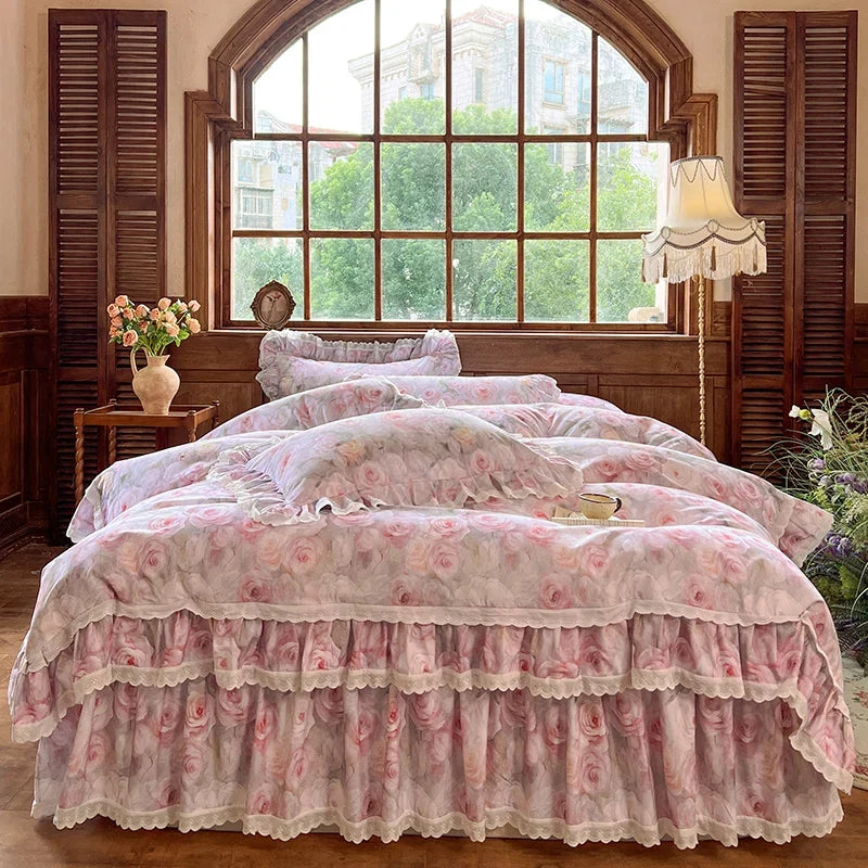 4/6Pcs  Korean Princess Style Rose Print Lace Ruffles Bedding Sets