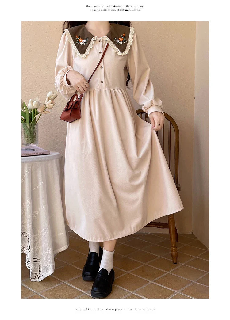 Forest Flower Corduroy Cottagecore Dress with Embroidery