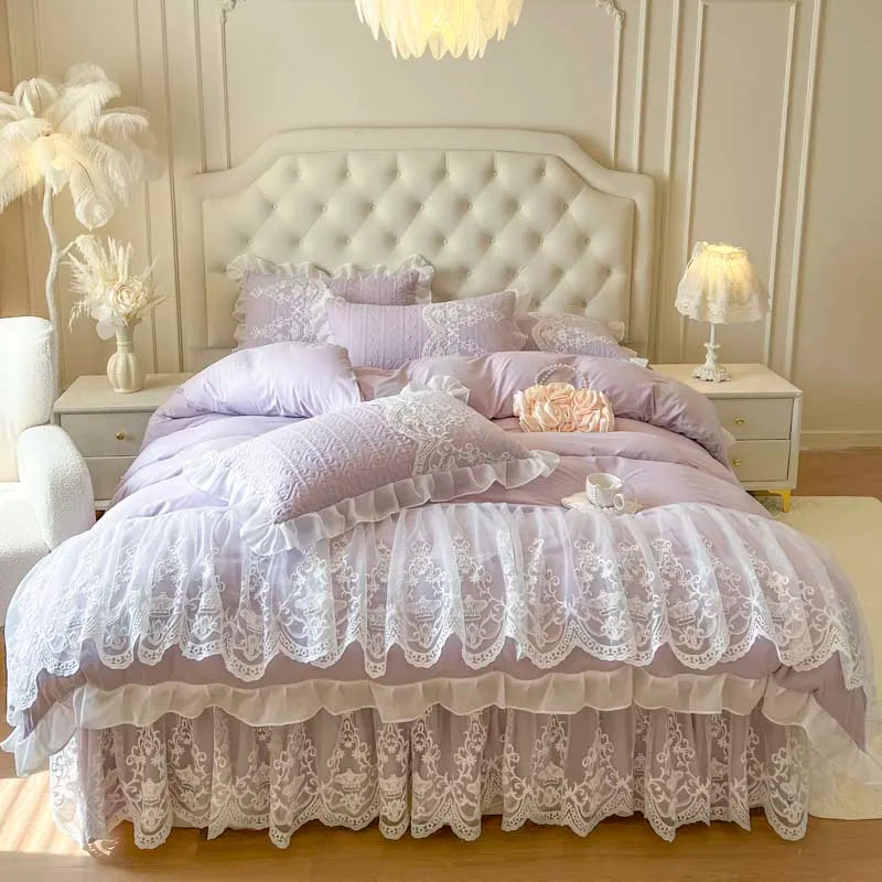 4/6Pcs Pink Princess Wedding Lace Embroidery Korean Style Bedding Set