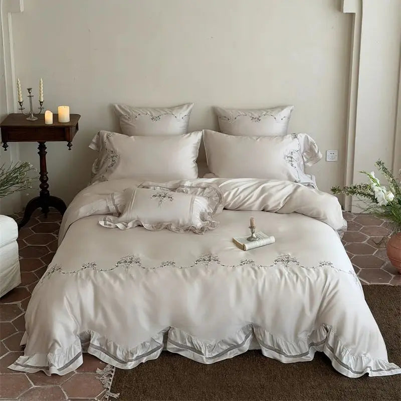 800TC Lyocell Eucalyptus Fiber Flowers Embroidery Ruffles Bedding Set
