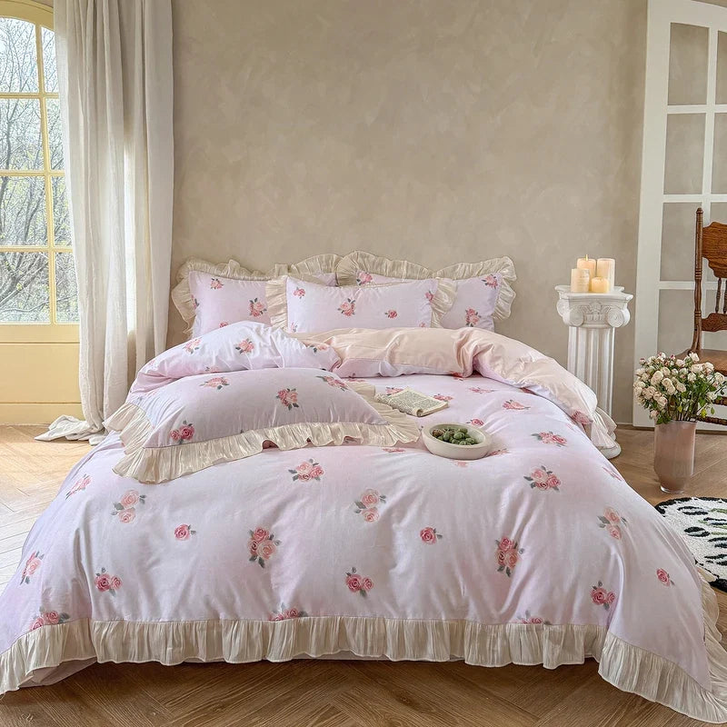 100% Cotton French Cottage Rose Print with Ruffle Trim Princess Bedding Set