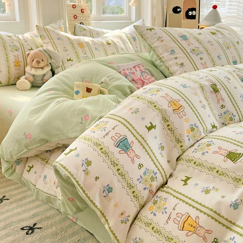Japanese Style Floral Printed Queen Quilt Cover Set 3/4 Pcs Soft Cotton Bedding Set