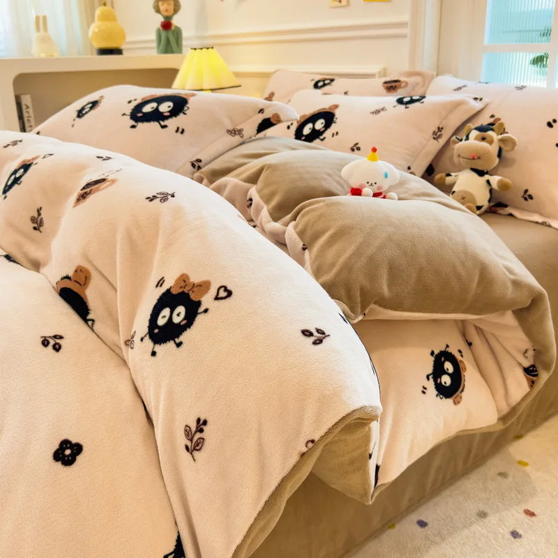 Cartoon Print Milk Velvet Duvet Cover Set Sheet Pillowcase Winter Plush Comforter Cover Set Home Textile Queen King Bedding Set