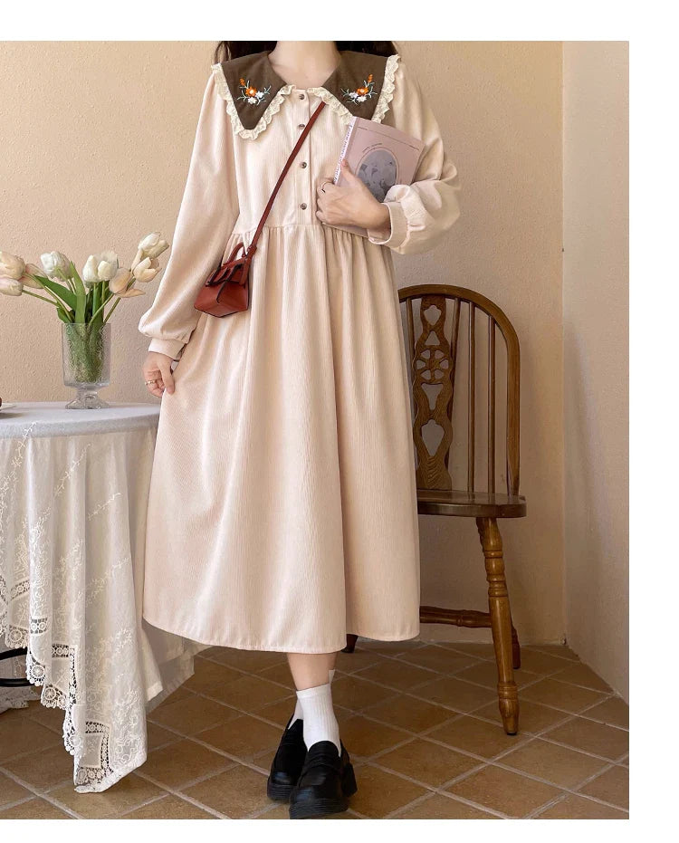 Forest Flower Corduroy Cottagecore Dress with Embroidery