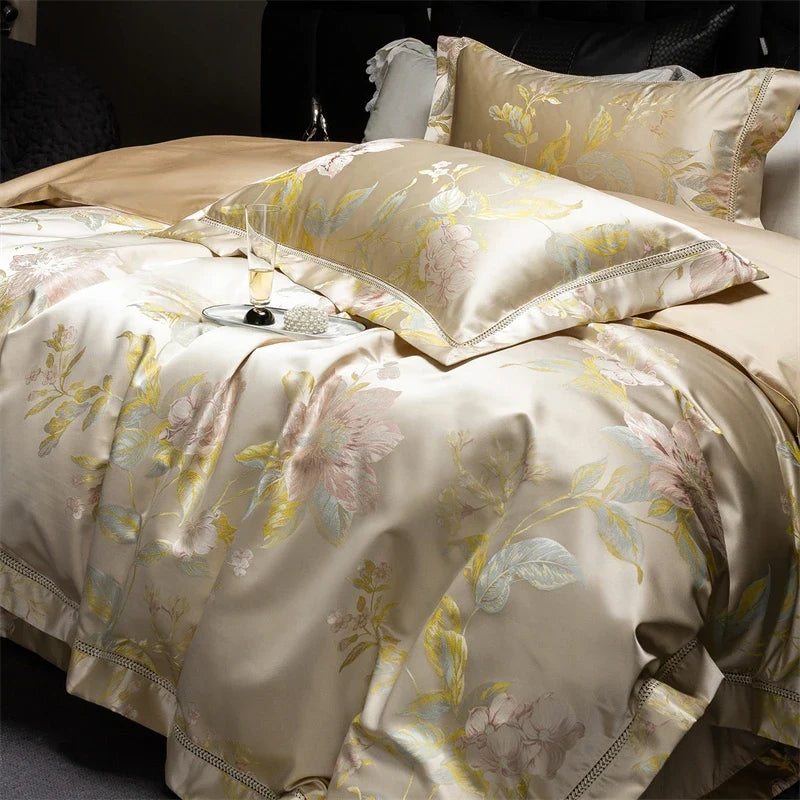 Premium 100S Egyptian Cotton Floral Jacquard Luxury Bedding Ultra Soft Duvet Cover Set Flat/Fitted Bed Sheet Pillowcases 4Pcs