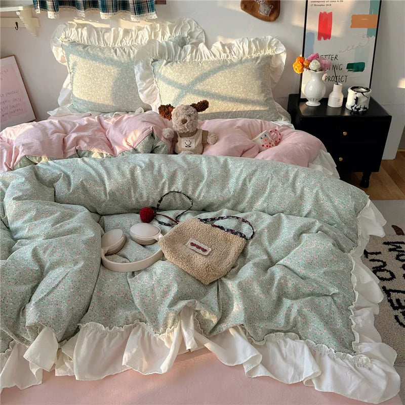 3/4Pcs Korean Princess Style Floral Ruffles Bedding Set