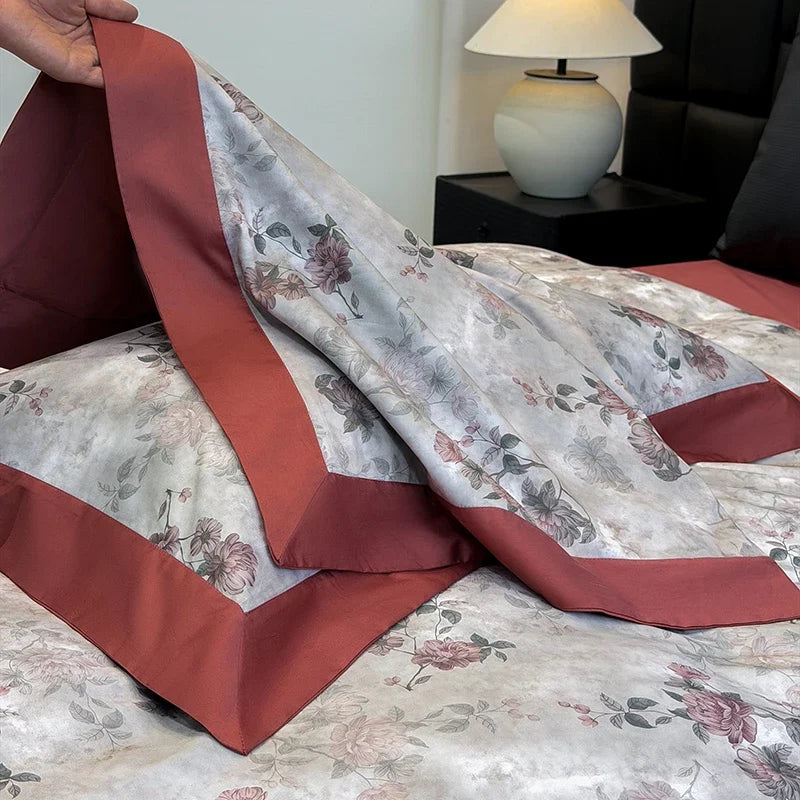 Luxury 600TC Egyptian Cotton Floral Bedding Set, Elegant Flower Duvet Cover Set with Contrast Border, Bed Sheet Pillowcases 4Pcs