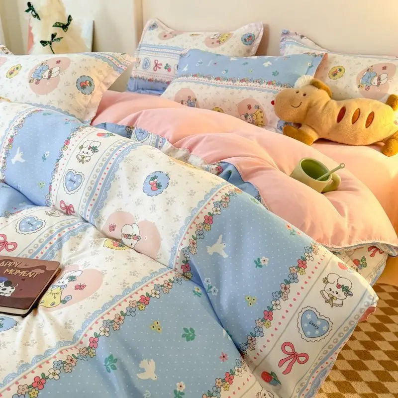 Ins Bear Duvet Cover Set with Zipper Fashion Girls Boys Kids Flat Bed Sheet Pillowcases No Filler Single Queen Size Bedding Set