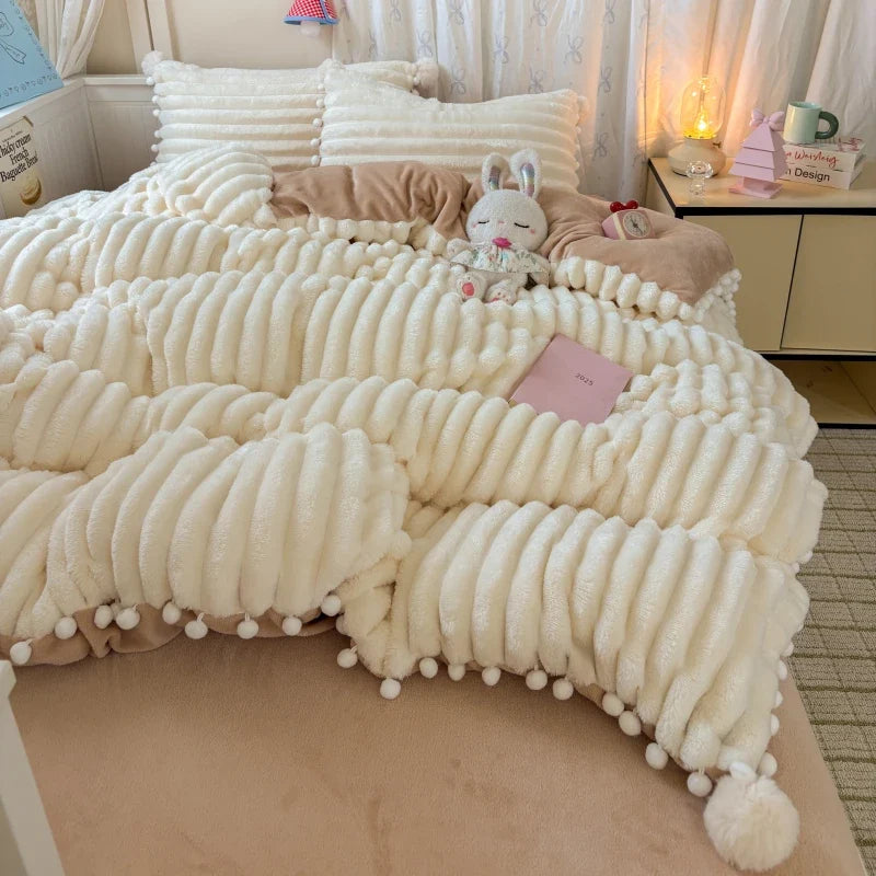 Striped Fluffy Milk Velvet Soft With Cute Pompoms Bedding Set