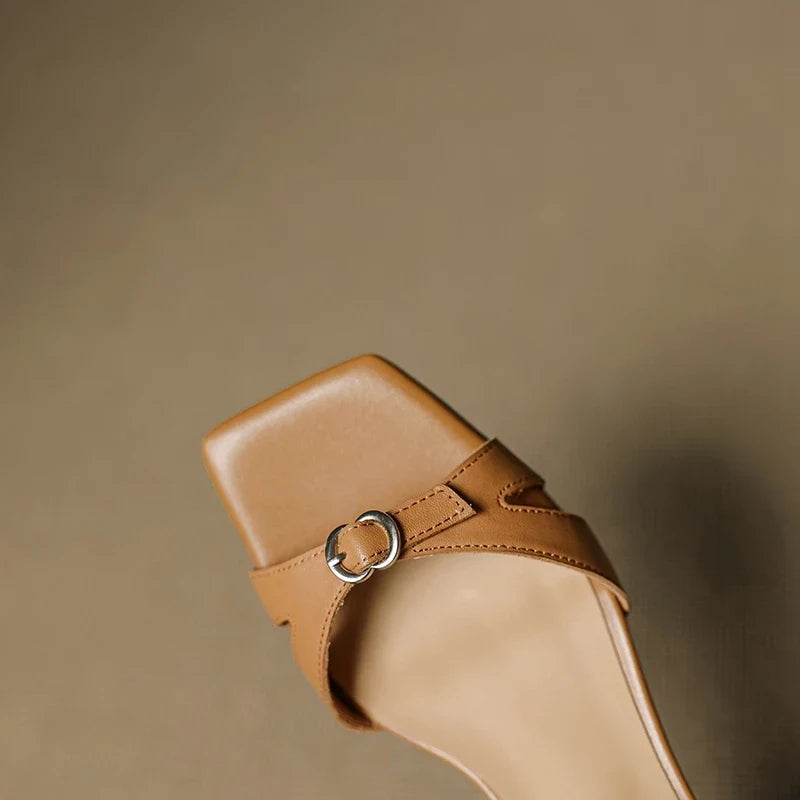 cowhide retro pine buckle middle Heel