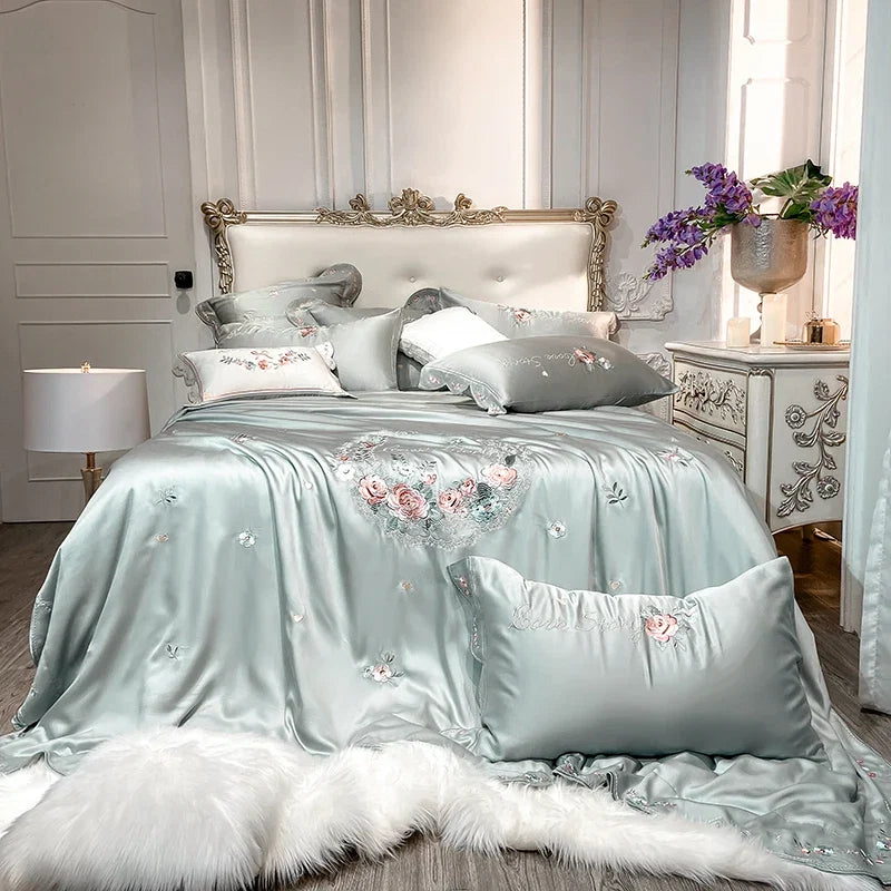 4/7Pcs Luxury Flowers Embroidery Lyocell Eucalyptus Fiber Silky Bedding Set