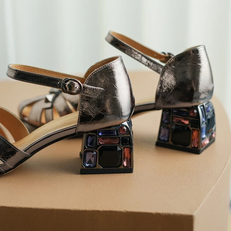 Baotou Cowhide Metal Rivet Set Diamond Bag and Roman High Heel