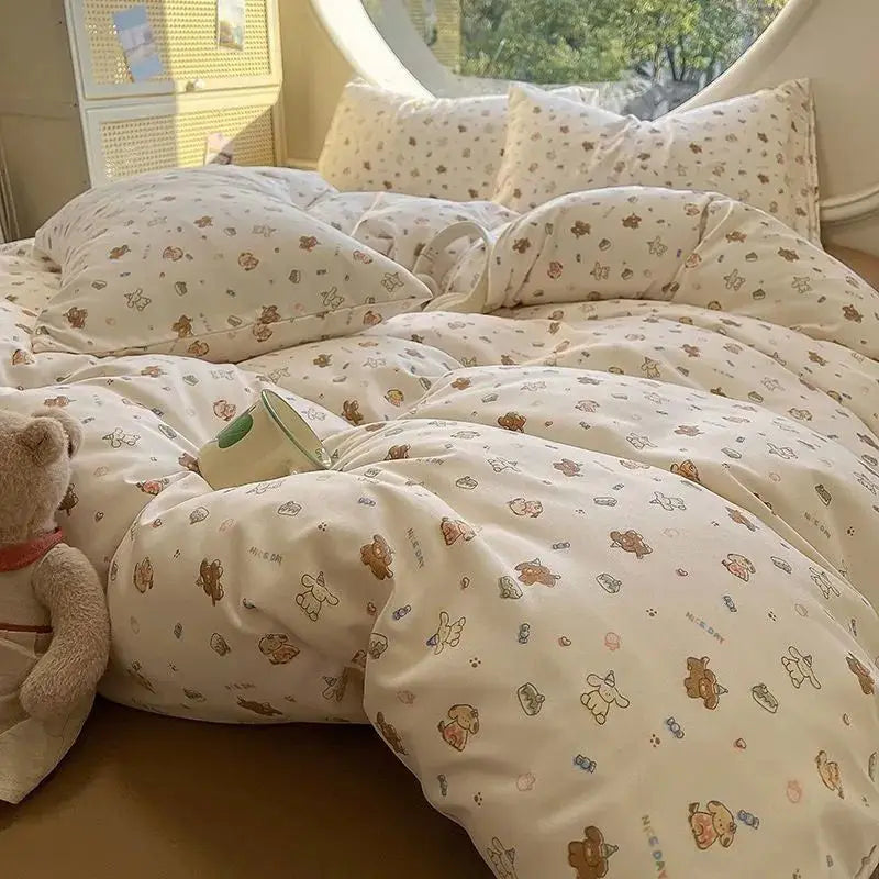 Kawaii Duvet Cover Set Ins Style Soft Touch Double Queen Size Flat Sheet Pillowcase Home Hotel Decor Bedding Set