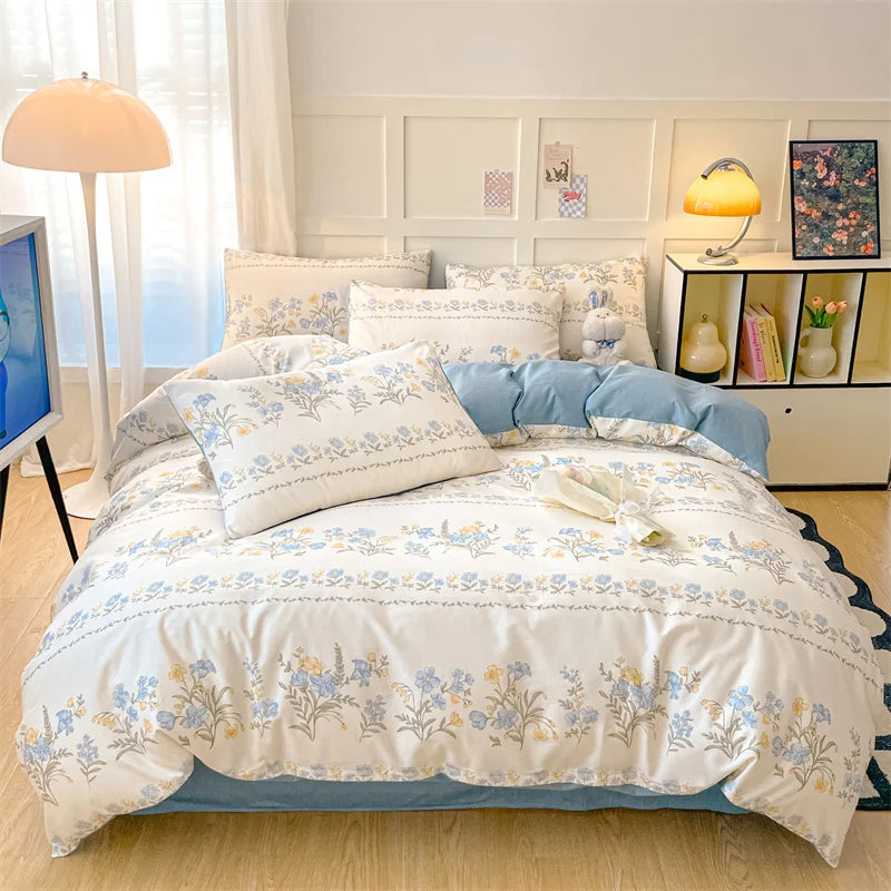 Heart Pattern 100% Cotton Duvet Cover Set with Flat Sheet or Fitted Sheet 3/4 Pcs Soft Breathable Queen King Size Bedding Set