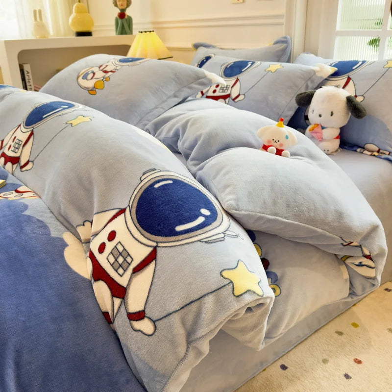 Cartoon Print Milk Velvet Duvet Cover Set Sheet Pillowcase Winter Plush Comforter Cover Set Home Textile Queen King Bedding Set