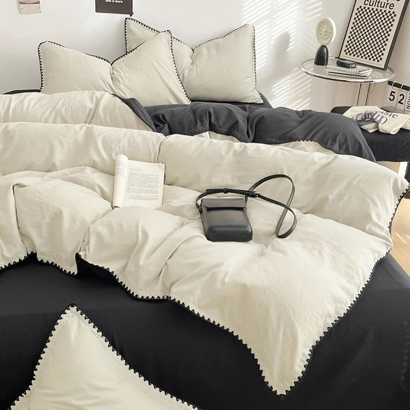Solid Color Soft Duvet Cover Set Skin Friendly Washable Cotton Queen Bedding Set