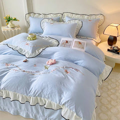 3/4Pcs Korean Princess Style Washed Cotton Three-Dimensional Flower Embroidery Lace Pink Beddings Sets Full Ruffle Duvet Cover