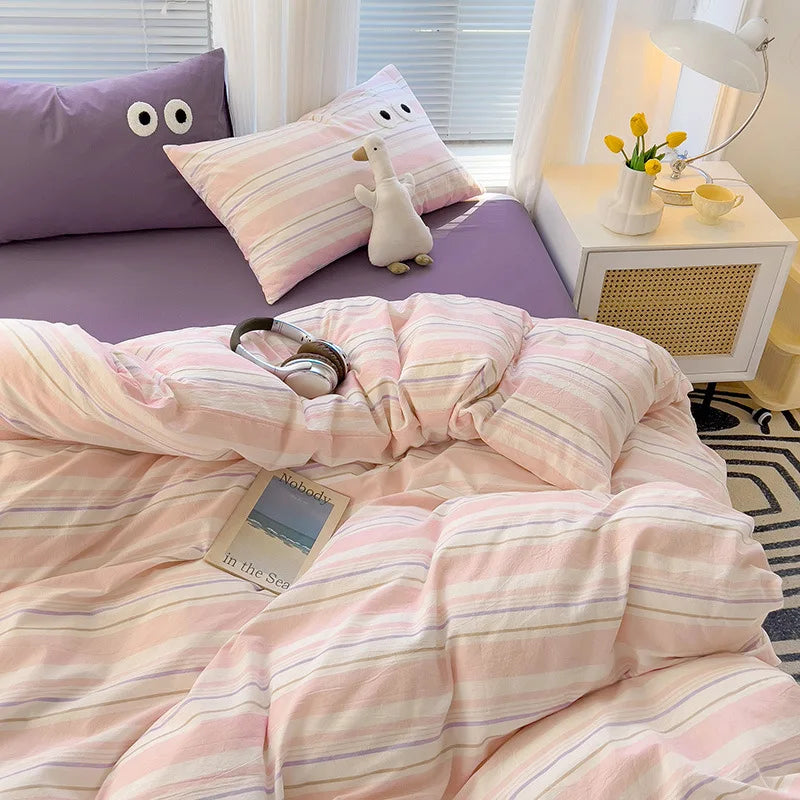 Japanese Plaid 3/4PCS Duvet Cover Set All Seasons Bedding Set