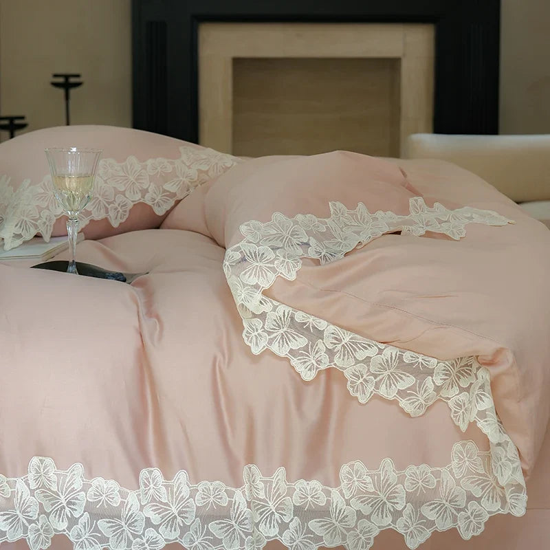100% Cotton Flowers Butterfly Lace Edge Bedding Set