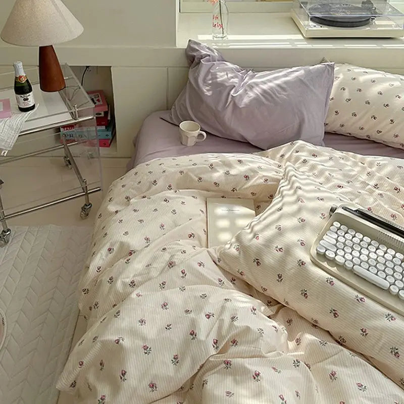 Floral Ins Style Duvet Cover Set Flat Sheet Pillowcase No Filler Soft Single Double Size Boys Girls 2024 Bedding Linens