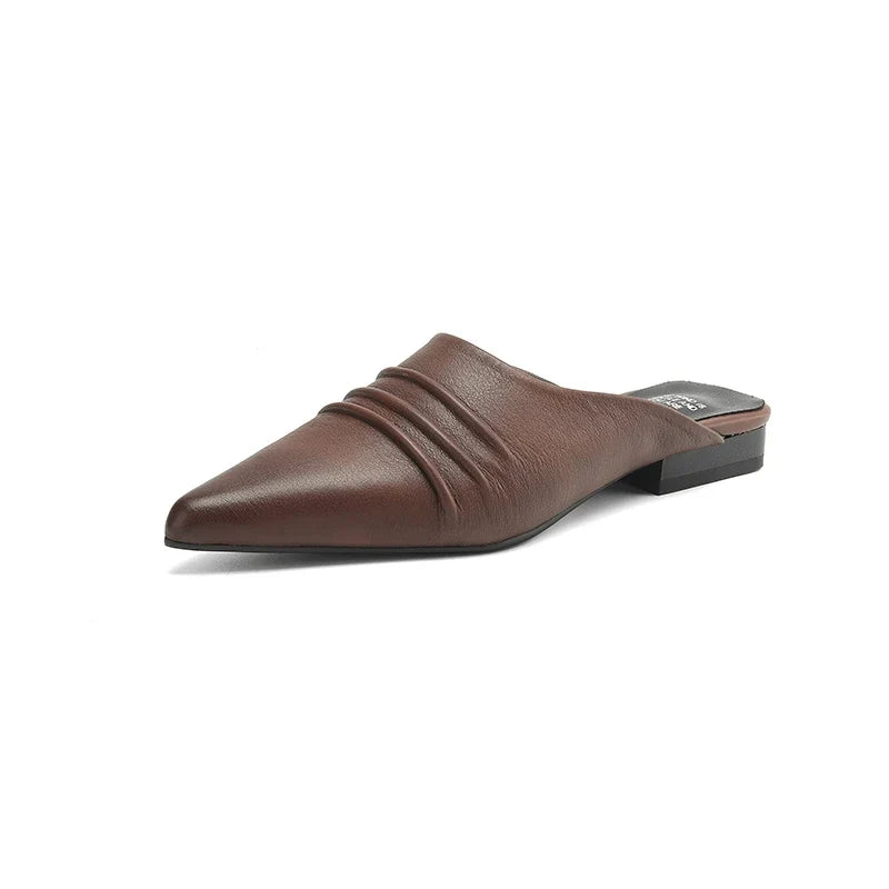 retro pleated cowhide pointed low Heel