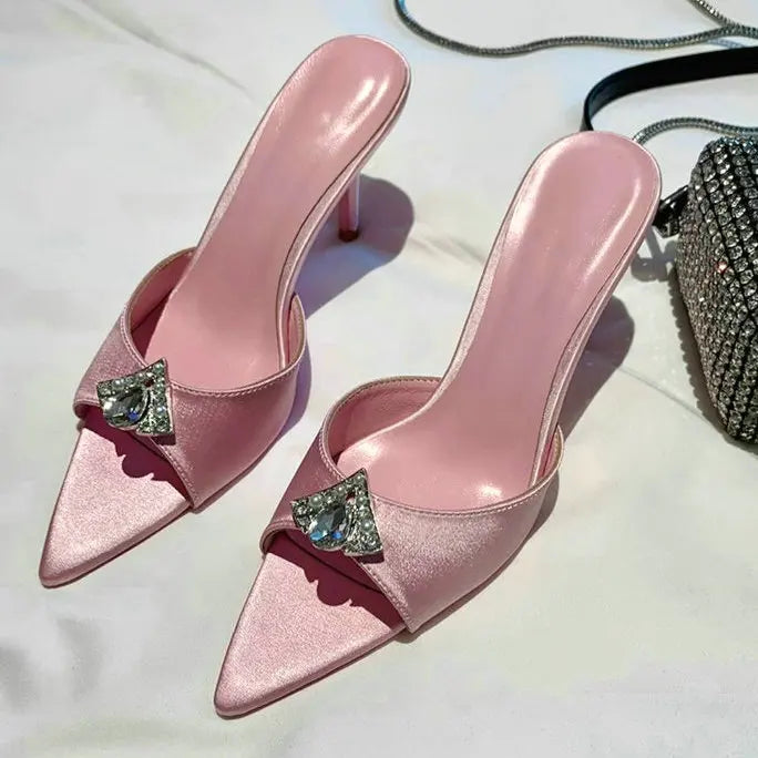 Wedding Slippers Ladies Satin Rhinestone Slides Ladies Bridesmaid Slippers Solid Color Women Heels